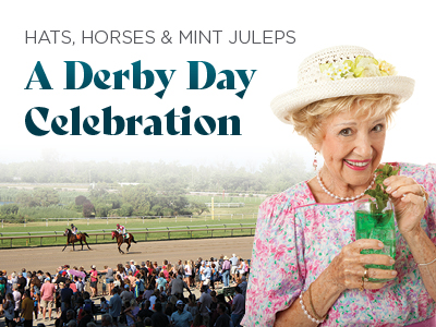 An older woman in a floral dress and hat holds a mint julep. Behind her, people watch horses racing on a track. Text reads: