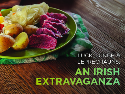 A plate of corned beef, potatoes, and cabbage sits on a green plaid napkin. Text reads: