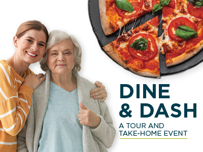 A smiling young woman stands next to an older woman; above them is a close-up of a pizza. Text reads: “Dine & Dash. A tour and take-home event.”.