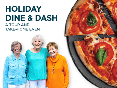 Three smiling older women stand together beside a close-up of a sliced pizza. Text reads: 