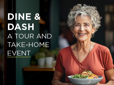 Smiling older woman with short gray hair holds a bowl of food. Text beside her reads, 