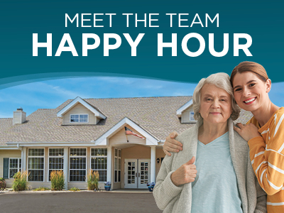 Two women, one elderly and one younger, stand smiling in front of a large house. Text above them reads, 