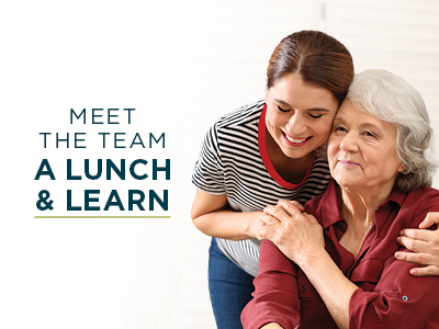 A young woman smiles and hugs an elderly woman. Text on the left reads,