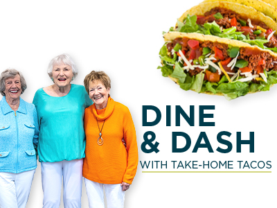 Three smiling older women stand together beside the text 