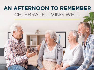 Four older adults sit together on a couch, smiling and talking in a bright living room. Text above them reads,