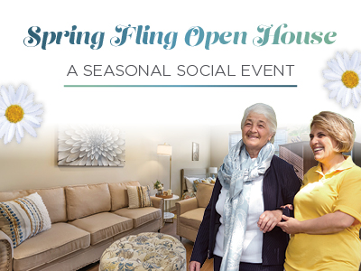 Two women, one elderly and one younger, smile together in a cozy, decorated living room. Text reads "Spring Fling Open House: A Seasonal Social Event" with white daisies framing the scene.