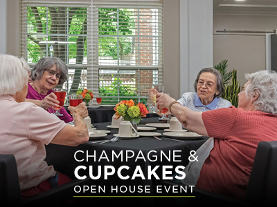 Four elderly individuals sitting around a table, smiling and clinking glasses in a room with windows and plants outside. A centerpiece with flowers on the table. Text reads: 