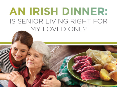 A younger woman hugs an older woman, both smiling, next to a plate of corned beef, potatoes, and cabbage. Text reads: