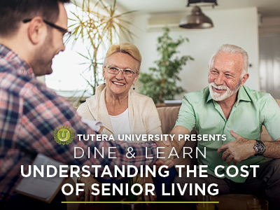 Three seniors smile and converse at a table. The text reads, 