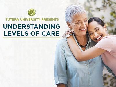 Two women, one older and one younger, smile and embrace outdoors. Text reads: 