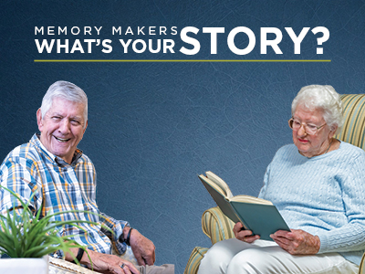 Two elderly people sit in chairs; the man smiles at the camera while the woman reads a book. Text above them reads, 