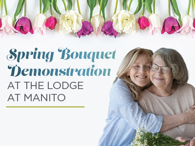 Two smiling women embracing, holding a bouquet of flowers. Above them are colorful tulips and text: