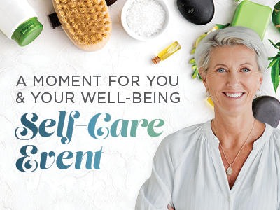 Smiling older woman with short gray hair stands near spa items like a brush, lotion, soap, and leaves. Text reads: