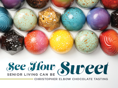 A colorful assortment of glossy, uniquely patterned chocolates above the text: 