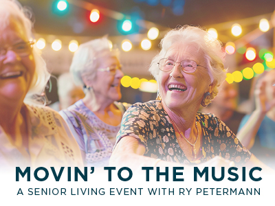 A group of smiling elderly individuals enjoys lively company at an Assisted Living & Memory Care event. The scene is festive, with colorful lights in the background. The text reads: 