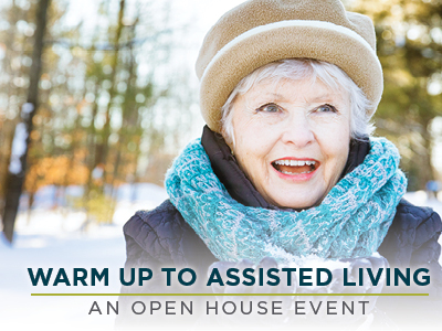 An elderly woman smiles warmly while bundled up in a beige hat and turquoise scarf, standing outdoors in a snowy setting. Text over the image reads 