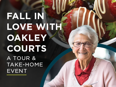 Advertisement featuring chocolate-dipped strawberries and an elderly woman smiling. Text reads: 