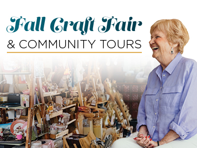 Smiling older woman in a light purple blouse sits beside a display of handmade crafts, with text reading 