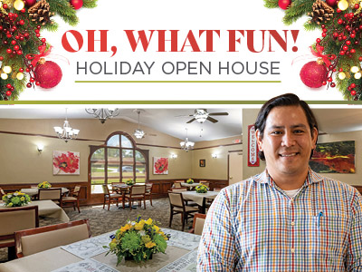 A smiling man stands in a festively decorated dining room with tables, flowers, and holiday decor at an Assisted Living & Memory Care community. Above, text reads “Oh, What Fun! Holiday Open House” with ornaments and greenery.