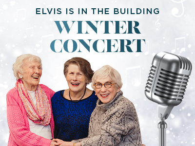 Three smiling elderly women in winter clothing stand together, vintage microphone in front, ready to perform. The sparkling backdrop reads
