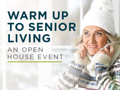 Smiling older woman in a white winter hat and sweater sits by a bright window. Text reads: “Warm Up to Assisted Living & Memory Care—An Open House Event.”.