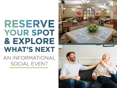 Informational event invitation: Text on the left invites you to reserve a spot. On the right, images highlight Assisted Living & Memory Care—a decorated dining room and two men laughing together, suggesting a friendly social atmosphere.