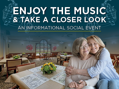 Two women embrace and smile in a bright, flower-decorated room. Text above reads: 