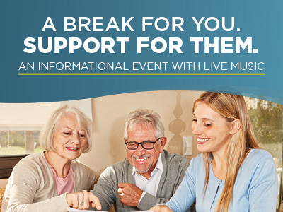 Three smiling adults—an elderly woman, an elderly man, and a younger woman—sit together at a table. The image promotes an Assisted Living & Memory Care informational event with live music, offering support for caregivers. Text appears above them.