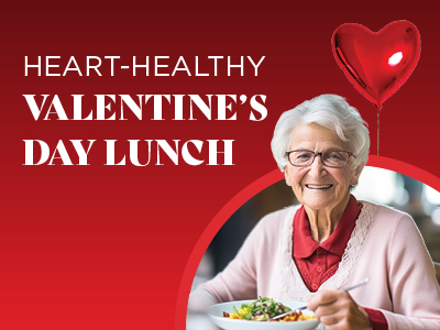 Elderly woman smiling and holding a bowl of salad. Text reads 