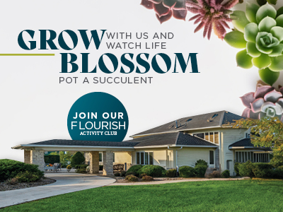 A house with a manicured yard is in the foreground, adorned with succulents at the top. Text reads: 