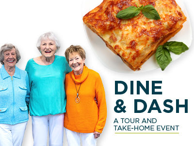 Three smiling elderly women stand together beside a plate of lasagna with basil on top. Text reads: 