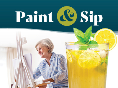 An older woman painting at an easel smiles beside a glass of iced tea garnished with lemon and mint. The words