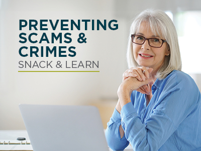 Smiling older woman with glasses sits at a desk with a laptop. Text reads: