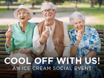 Three elderly people are sitting on a park bench, smiling and enjoying ice cream cones. They appear joyful and relaxed, dressed in light, summery clothing. The text overlay reads 