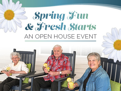 Three smiling seniors sit on rocking chairs holding lemonade, with daisies and the text: "Spring Fun & Fresh Starts: An Open House Event" displayed above them.