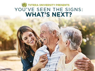 A smiling young woman sits outdoors with an elderly man and woman, sharing a joyful moment. Text above them reads, 