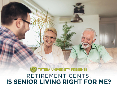 A younger man talks with a smiling senior couple in a bright living room at Charlestown Senior Living Community. Text reads: 