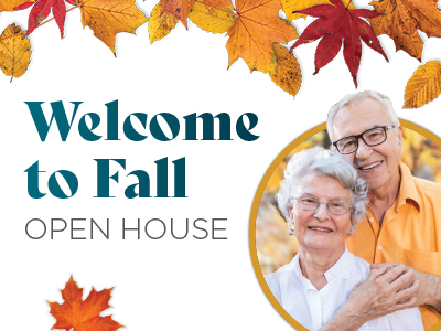 A smiling elderly couple stands together, surrounded by autumn leaves. The text reads, 