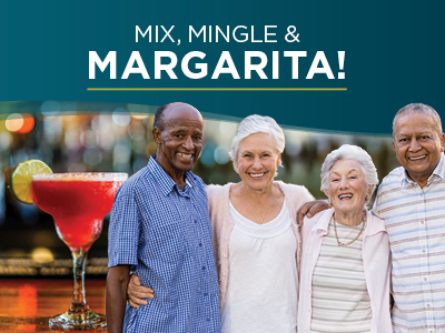 Four smiling older adults stand together in front of a blurred bar background, next to a large red margarita in a glass with a lime slice. The text above reads, 