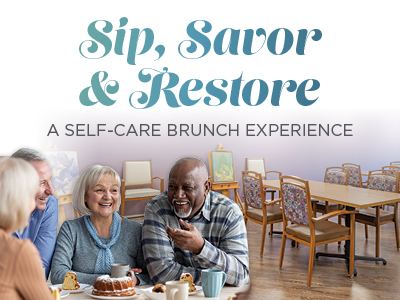 Four older adults enjoy brunch together, smiling and laughing in a cozy, well-lit dining area. Text above them reads,