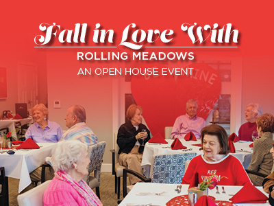 A group of smiling seniors sit at decorated tables with red napkins, enjoying a meal together at a festive event. The text reads,
