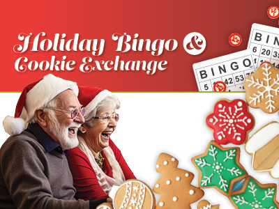 Two older adults wearing Santa hats laugh together with holiday cookies and bingo cards in the foreground. The text reads