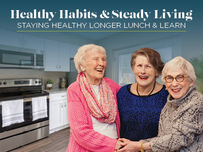 Three smiling elderly women stand together in a modern kitchen. Text above them reads,