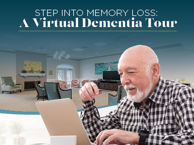 An elderly man with a white beard uses a laptop, smiling in front of a bright, cozy living room. Text above reads: 