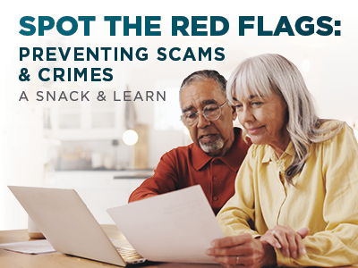 An older man and woman sit together looking at documents. Text reads: