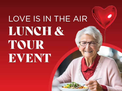 Elderly woman smiling with a red heart-shaped balloon in the background. Text reads: 