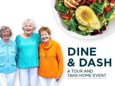 Three elderly women smile, standing together; one in turquoise, another in teal, and the third in orange. They appear cheerful. Next to them is a colorful salad with avocado, tomatoes, and greens. Text reads, 