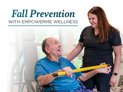 An older man sits and smiles while holding a yellow bar, assisted by a smiling female caregiver in a wellness center. Text reads: 