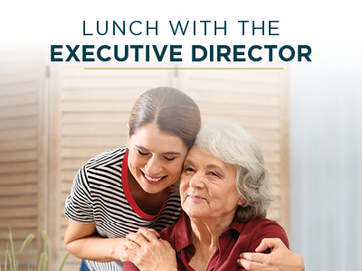 A younger woman hugs an older woman who is seated, both smiling warmly. Text above them reads, 