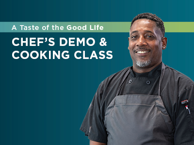 A smiling chef in a black uniform stands next to text that reads, 